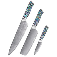 3 couteaux – composition B – Couteaux damas de style japonais – Nacre d’ormeau – À l’unité ou en ensemble – fond blanc