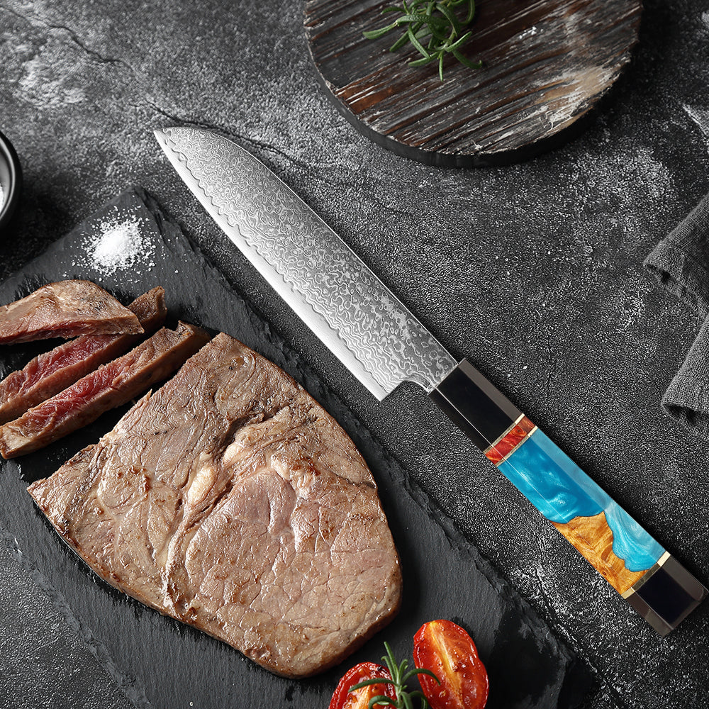 Couteau Santoku damas 12,7 cm – corne de buffle noire, résine et bois stabilisé