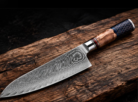 Couteau Santoku Japonais Damas VG10 67 Couches 18 cm – Manche Résine & Bois Nid d’Abeille