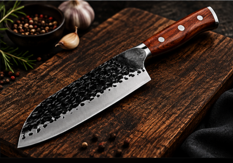 Couteau Santoku Japonais Acier Trempé Haute Teneur Carbone 13 cm – Manche Bois Rouge