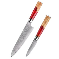 2 couteaux – composition A – Couteaux damas de style japonais – Inox, résine et bois massif – À l’unité ou en ensemble – fond blanc