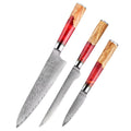 3 couteaux – Couteaux damas de style japonais – Inox, résine et bois massif – À l’unité ou en ensemble – fond blanc