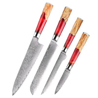 4 couteaux – Couteaux damas de style japonais – Inox, résine et bois massif – À l’unité ou en ensemble – fond blanc