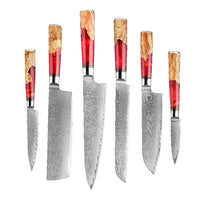 6 couteaux – Couteaux damas de style japonais – Inox, résine et bois massif – À l’unité ou en ensemble – fond blanc