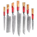 7 couteaux – Couteaux damas de style japonais – Inox, résine et bois massif – À l’unité ou en ensemble – fond blanc