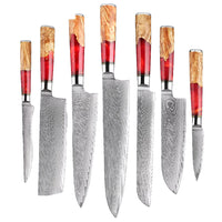 7 couteaux – Couteaux damas de style japonais – Inox, résine et bois massif – À l’unité ou en ensemble – fond blanc