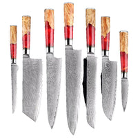 7 couteaux – composition B – Couteaux damas de style japonais – Inox, résine et bois massif – À l’unité ou en ensemble – fond blanc