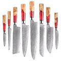 8 couteaux – Couteaux damas de style japonais – Inox, résine et bois massif – À l’unité ou en ensemble – fond blanc