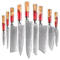 9 couteaux – Couteaux damas de style japonais – Inox, résine et bois massif – À l’unité ou en ensemble – fond blanc
