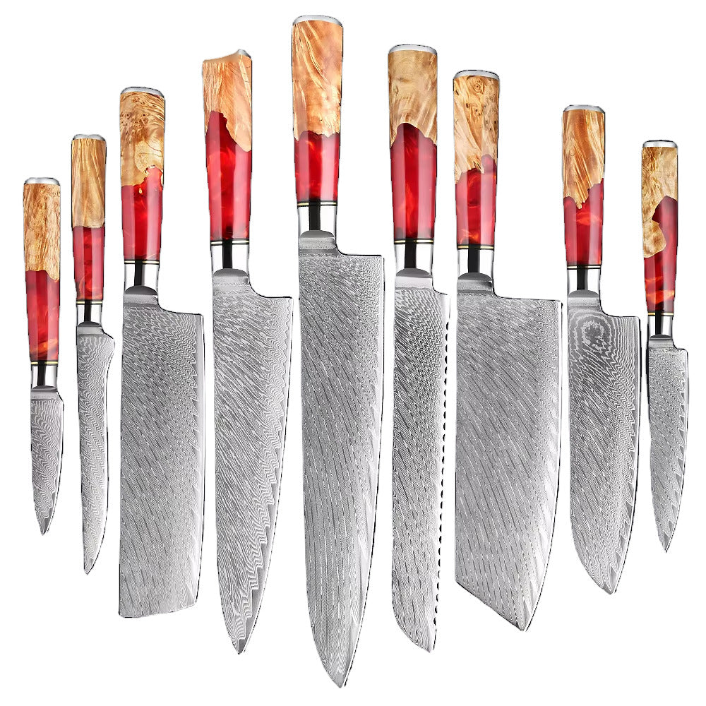 9 couteaux – Couteaux damas de style japonais – Inox, résine et bois massif – À l’unité ou en ensemble – fond blanc