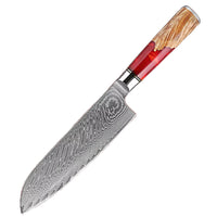 1 Santoku – Couteaux damas de style japonais – Inox, résine et bois massif – À l’unité ou en ensemble – fond blanc