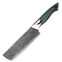 1 Nakiri – Couteaux damas de style japonais – Bois multicolore – À l’unité ou en ensemble – fond blanc