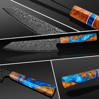 Couteau Kiritsuke damas – résine bleue et bois stabilisé