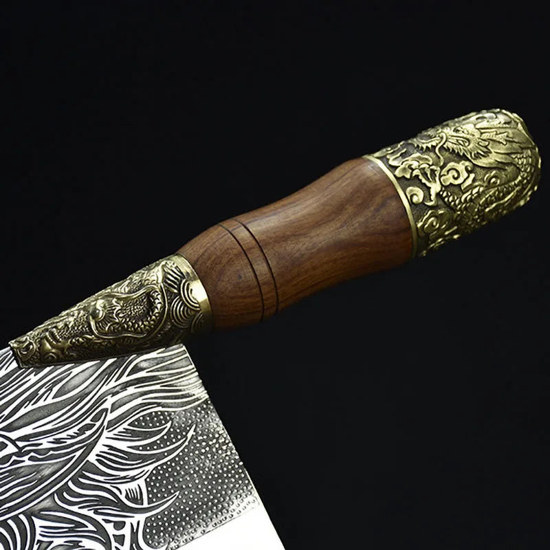 Couteau de chef forgé main Longquan 20 cm - Manche sculpté dragon en cuivre