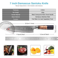 Couteau Santoku damas – résine et bois à motif nid d’abeille