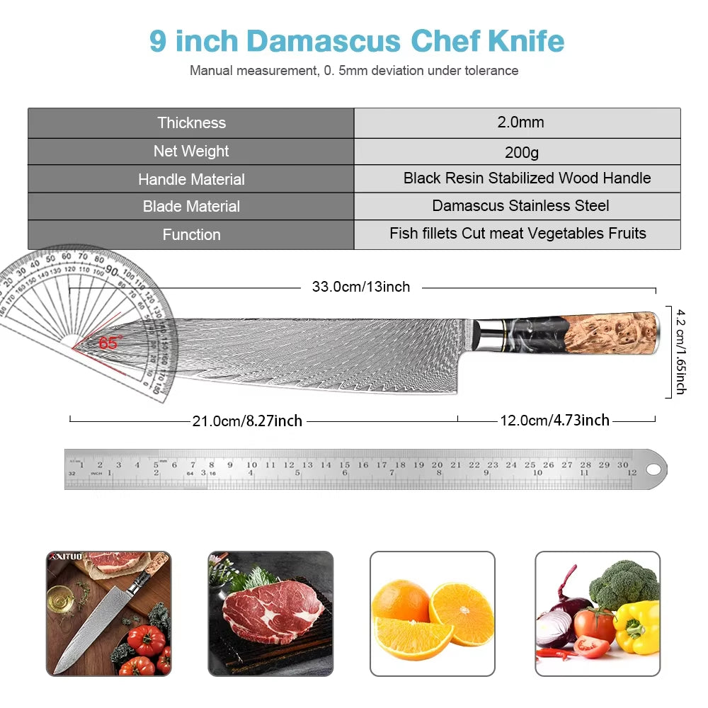 Couteau de chef damas – résine noire et bois stabilisé