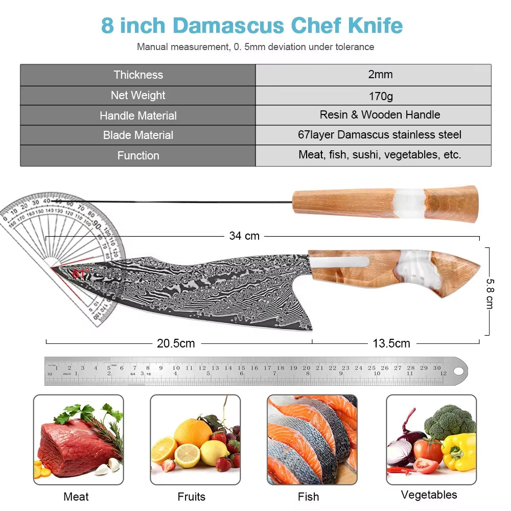 Couteau de chef damas 20,3 cm – résine et bois