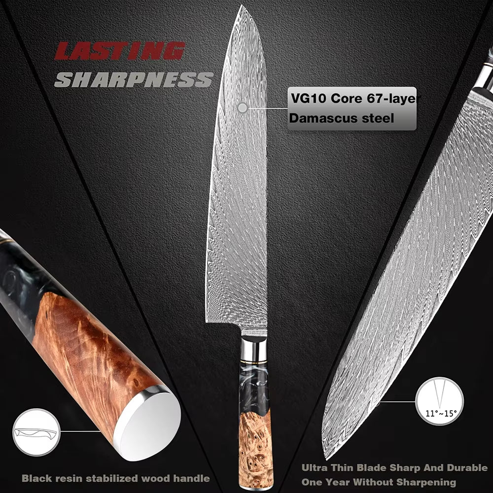 Couteau de chef damas – résine noire et bois stabilisé
