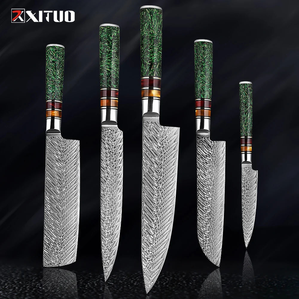 Coffret prestige damas XITUO - Lames damassées et manches en résine (1 à 8 pièces)