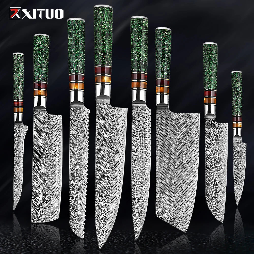 Coffret prestige damas XITUO - Lames damassées et manches en résine (1 à 8 pièces)
