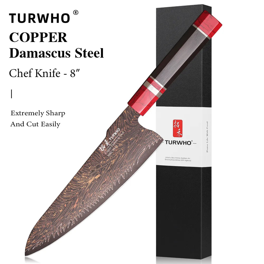 Couteau de chef Gyuto Cuivre Damas 20 cm - 37 couches et ébène