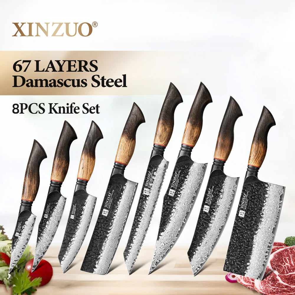 Grand coffret 8 pièces acier damas 67 couches XINZUO (60 HRC)