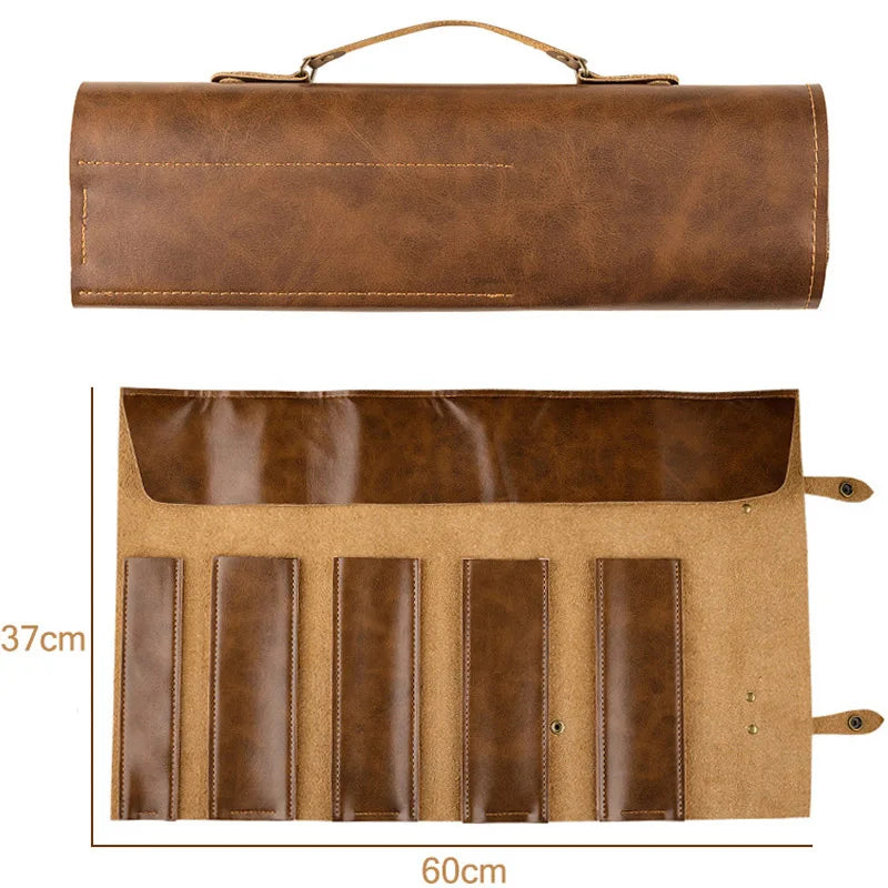 Trousse à couteaux de chef en cuir véritable à roulettes - 5 fentes