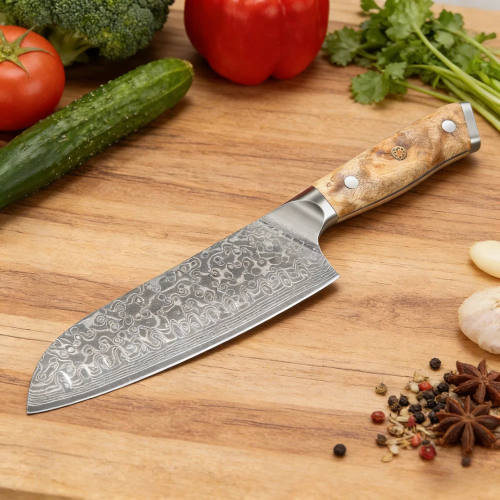Couteau Santoku 18 cm - Acier damas 67 couches et bois de loupe