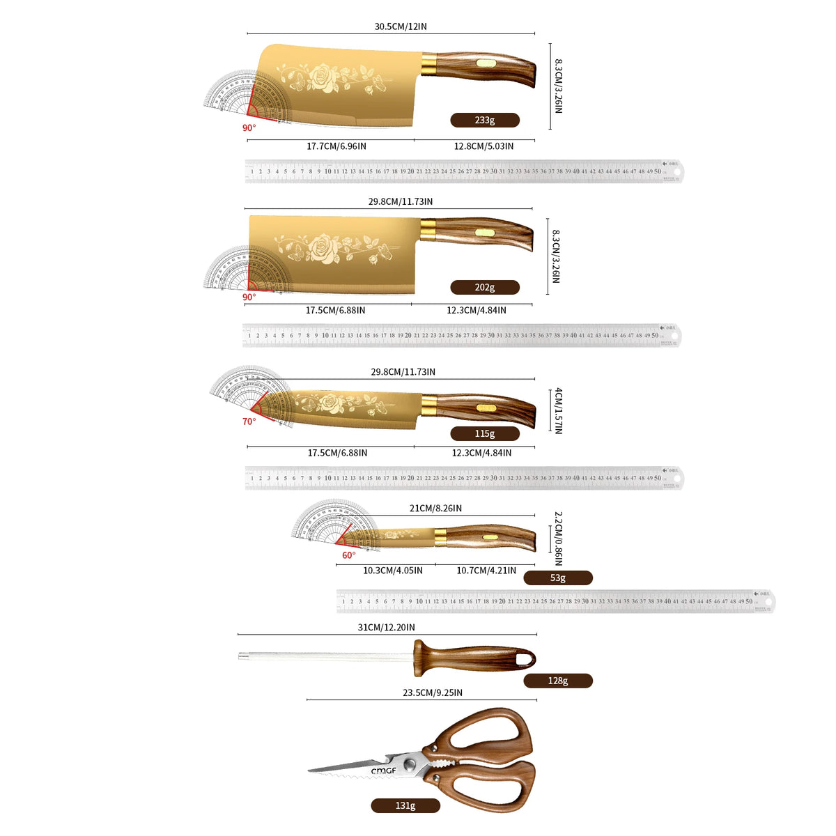 Couteau de chef finition titane doré et haute dureté