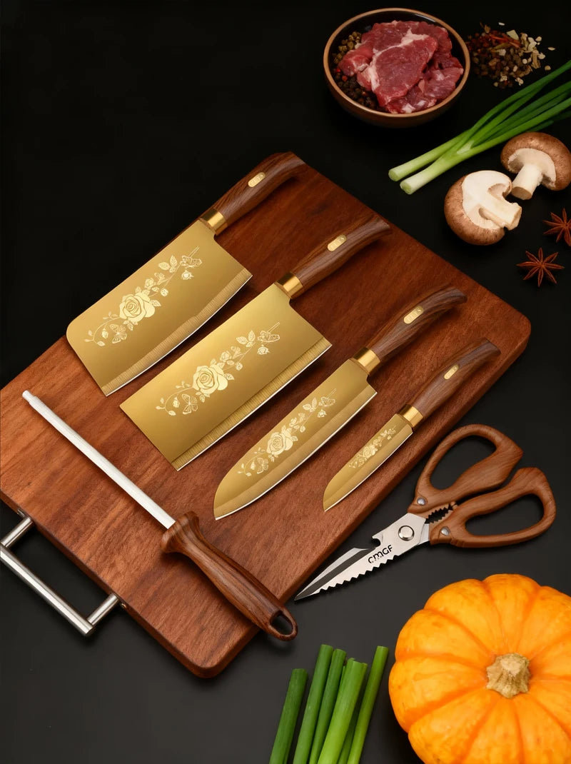 Couteau de chef finition titane doré et haute dureté
