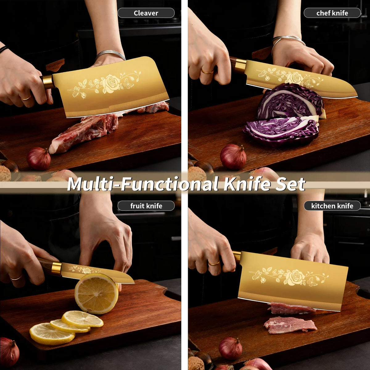 Couteau de chef finition titane doré et haute dureté