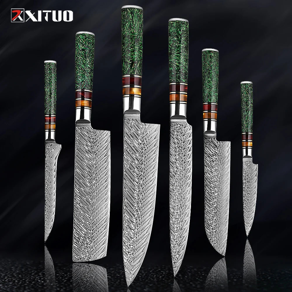 Coffret prestige damas XITUO - Lames damassées et manches en résine (1 à 8 pièces)