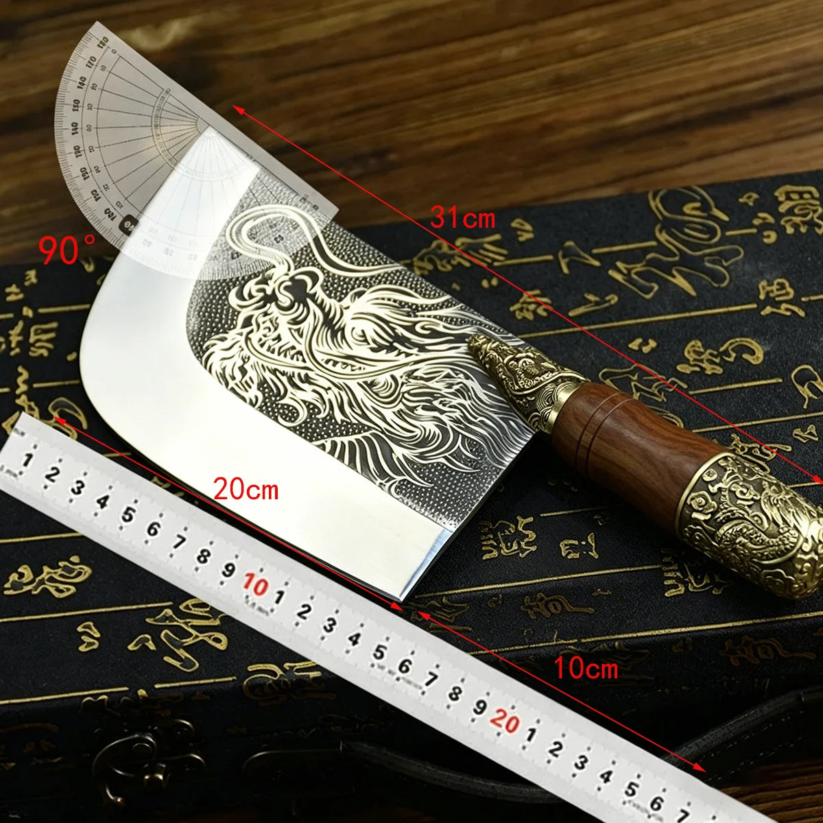 Couteau de chef forgé main Longquan 20 cm - Manche sculpté dragon en cuivre