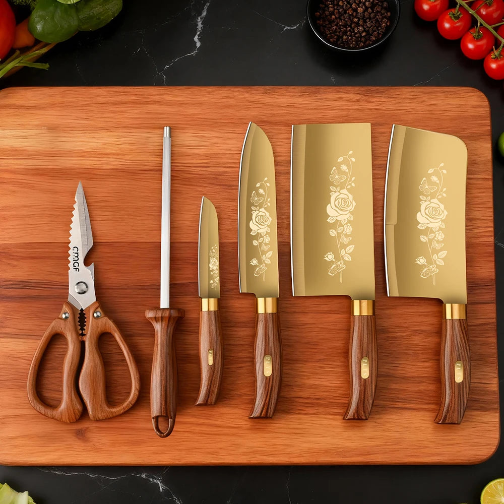 Couteau de chef finition titane doré et haute dureté