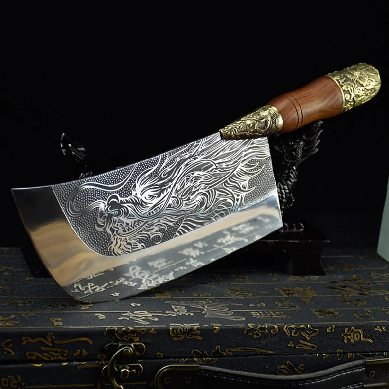Couteau de chef forgé main Longquan 20 cm - Manche sculpté dragon en cuivre