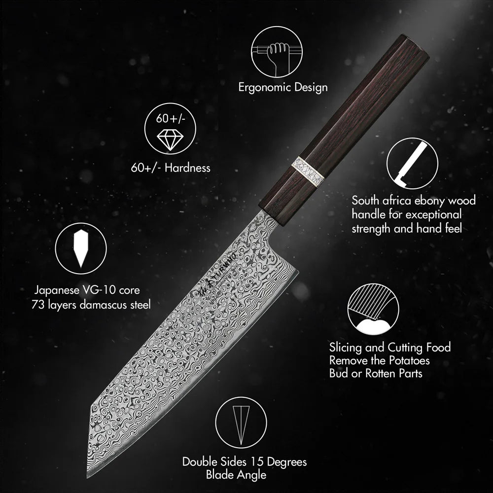 Couteau Kiritsuke 18 cm - Acier damas 73 couches et ébène