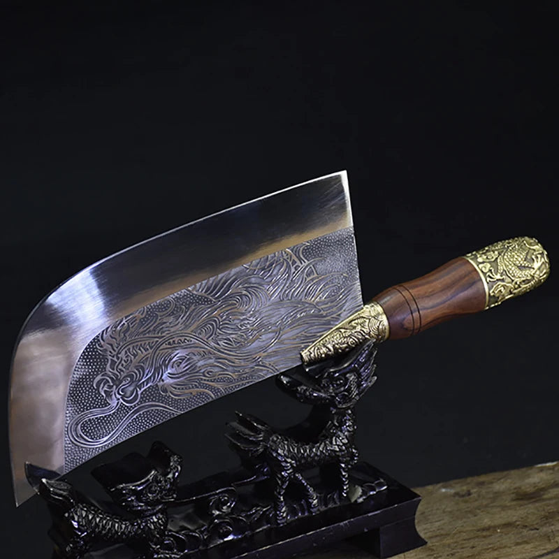 Couteau de chef forgé main Longquan 20 cm - Manche sculpté dragon en cuivre
