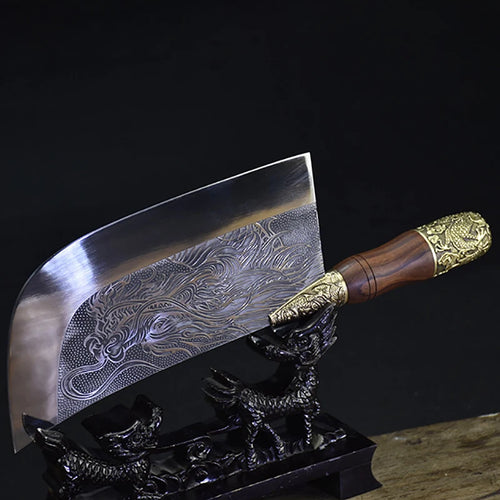 Couteau de chef forgé main Longquan 20 cm - Manche sculpté dragon en cuivre