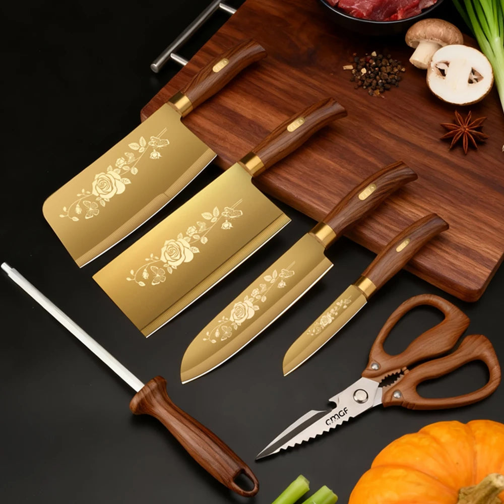 Couteau de chef finition titane doré et haute dureté