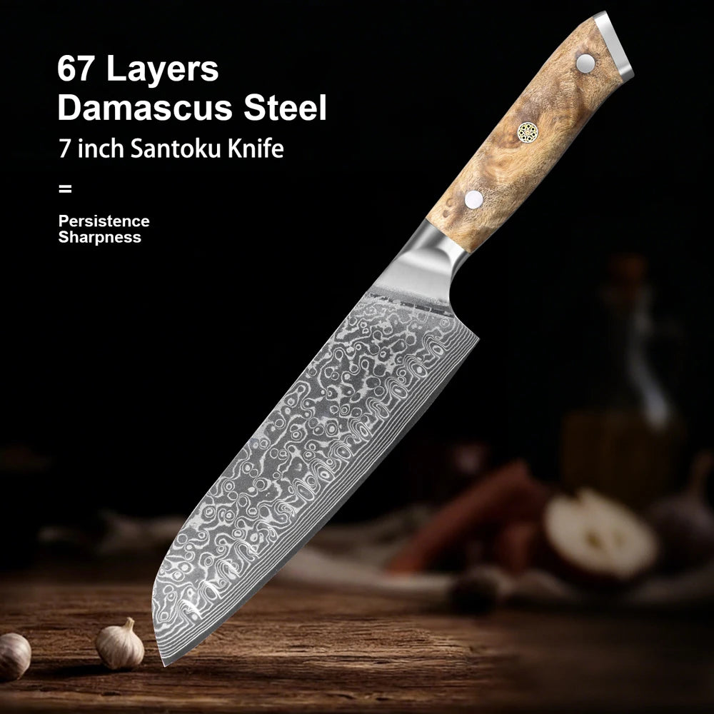 Couteau japonais Santoku 18 cm en acier damas 67 couches et bois de loupe DAMASAKI