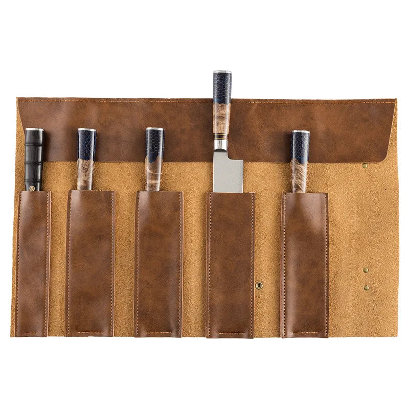 Trousse à couteaux de chef en cuir véritable à roulettes - 5 fentes