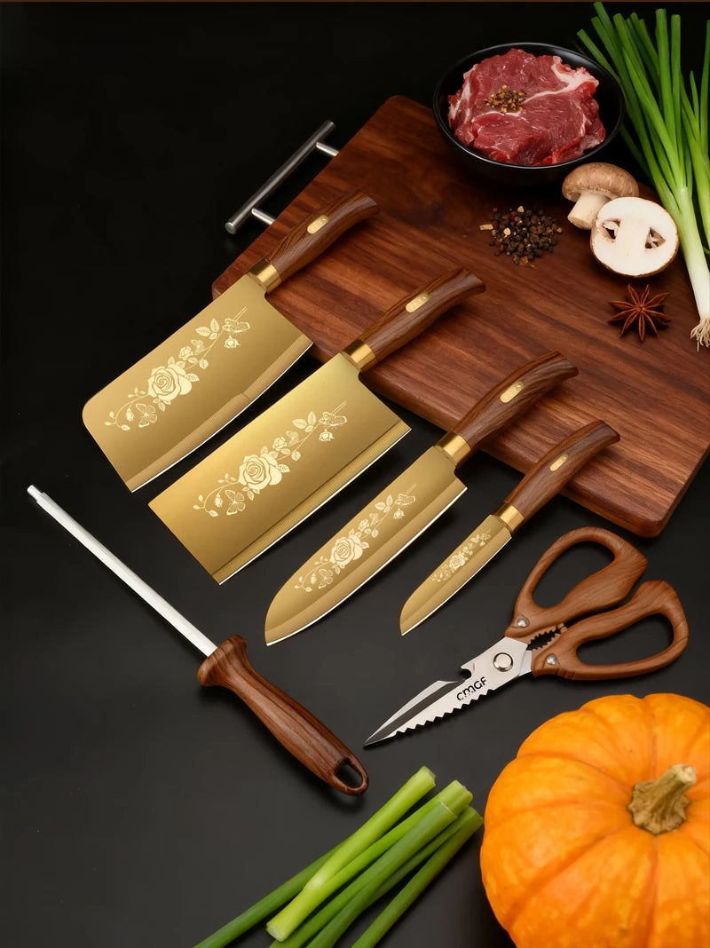 Couteau de chef finition titane doré et haute dureté