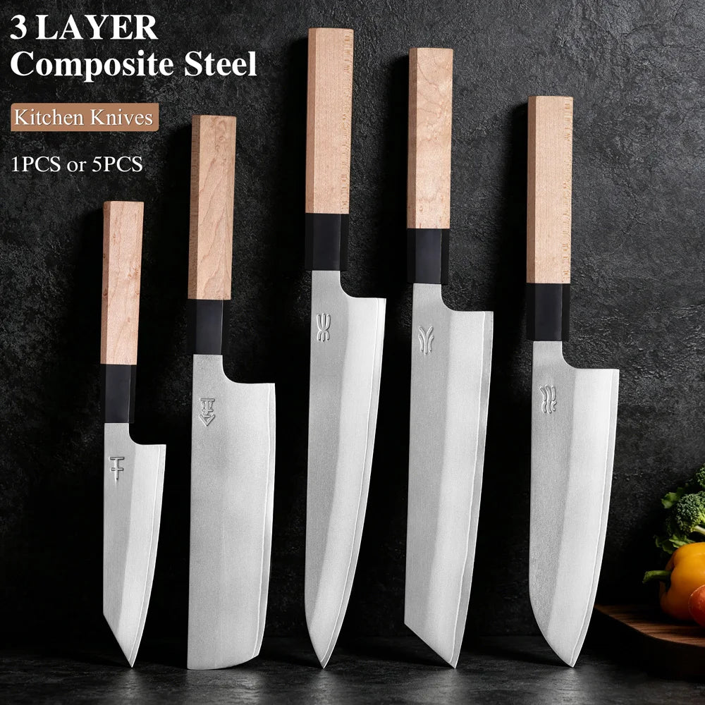 Ensemble de couteaux japonais composite 3 couches - Chef, Nakiri et Santoku (1 à 5 pièces)