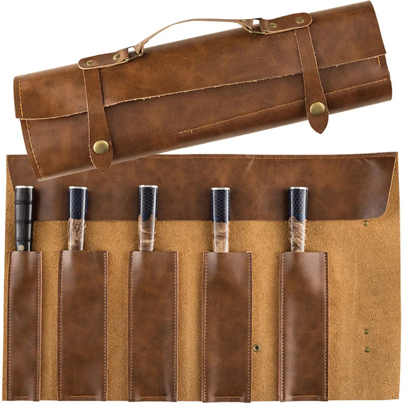 Trousse à couteaux de chef en cuir véritable à roulettes - 5 fentes