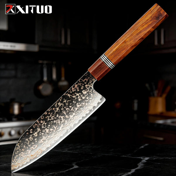 Couteau Santoku damas cuivre arc-en-ciel XITUO