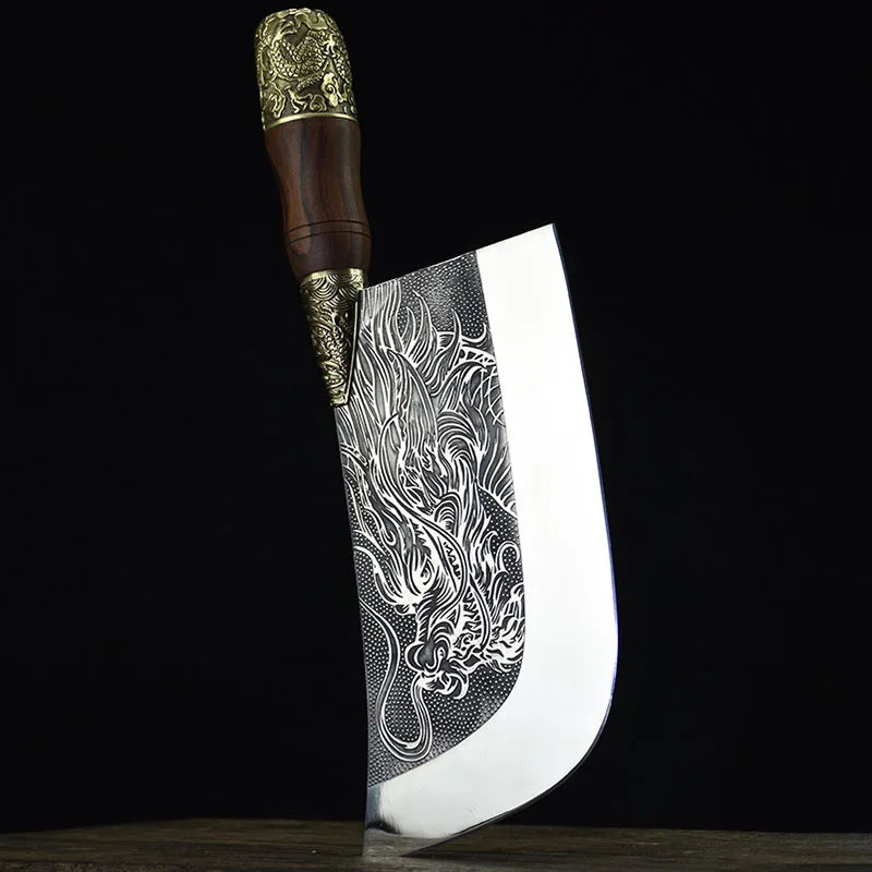 Couteau de chef forgé main Longquan 20 cm - Manche sculpté dragon en cuivre