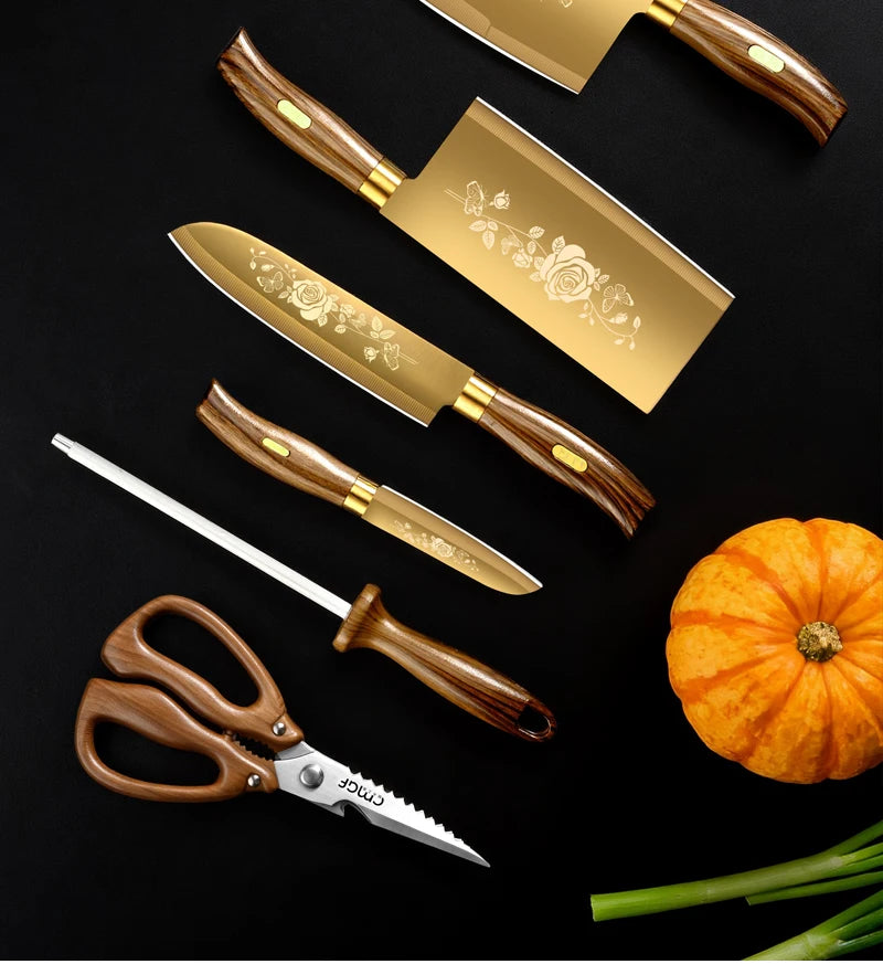 Couteau de chef finition titane doré et haute dureté