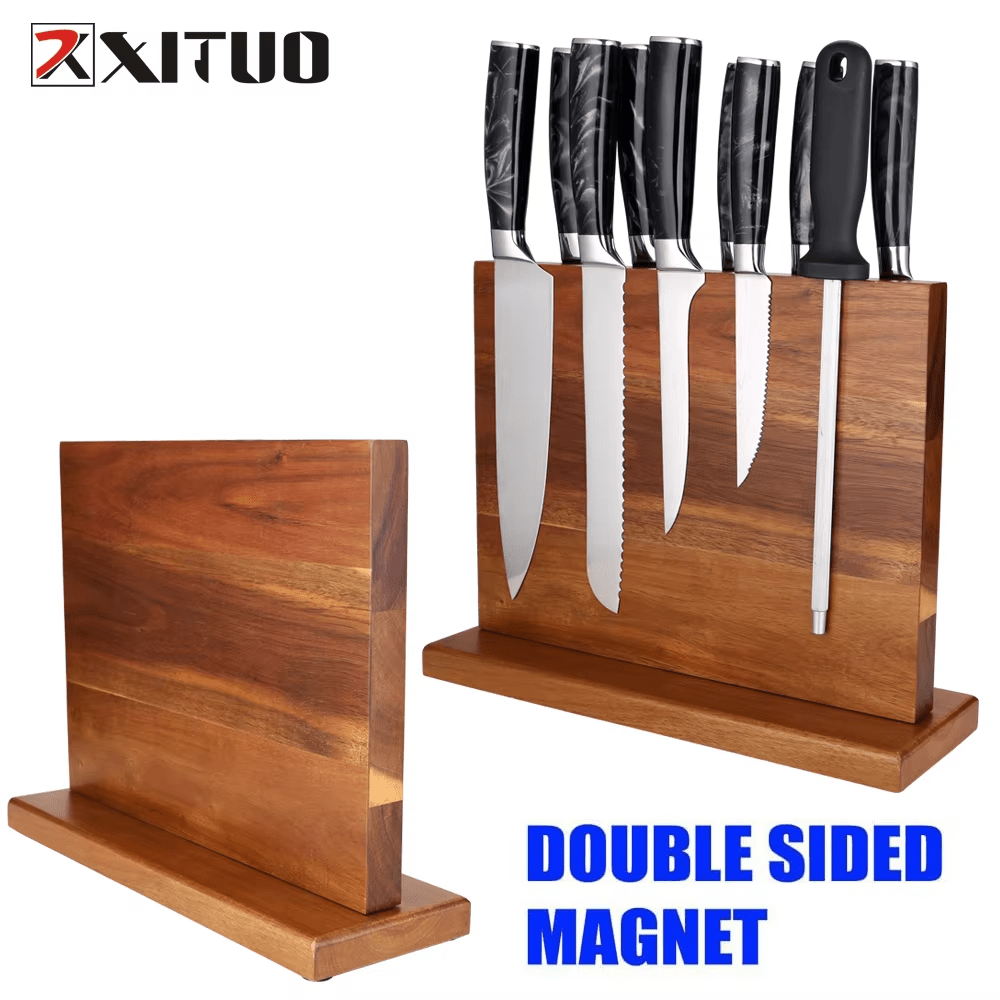 Bloc magnétique à couteaux double face en acacia