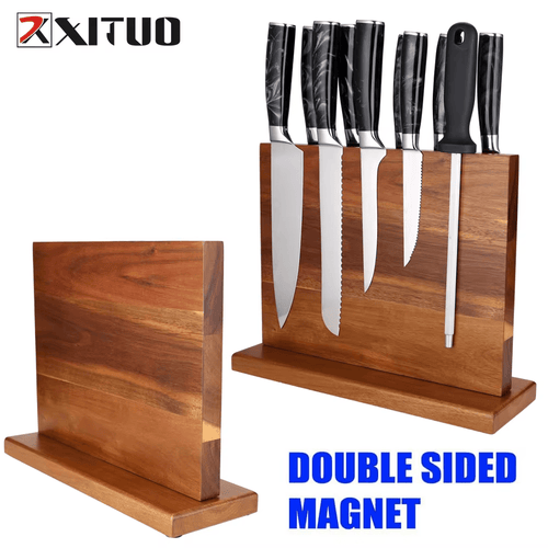 Bloc magnétique à couteaux double face en acacia
