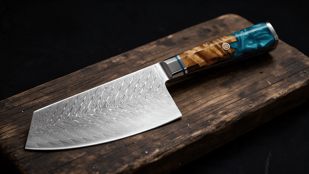 Couperet de Cuisine Japonais Acier Damas 67 Couches 18 cm – Manche Résine & Bois Stabilisé - Damasaki